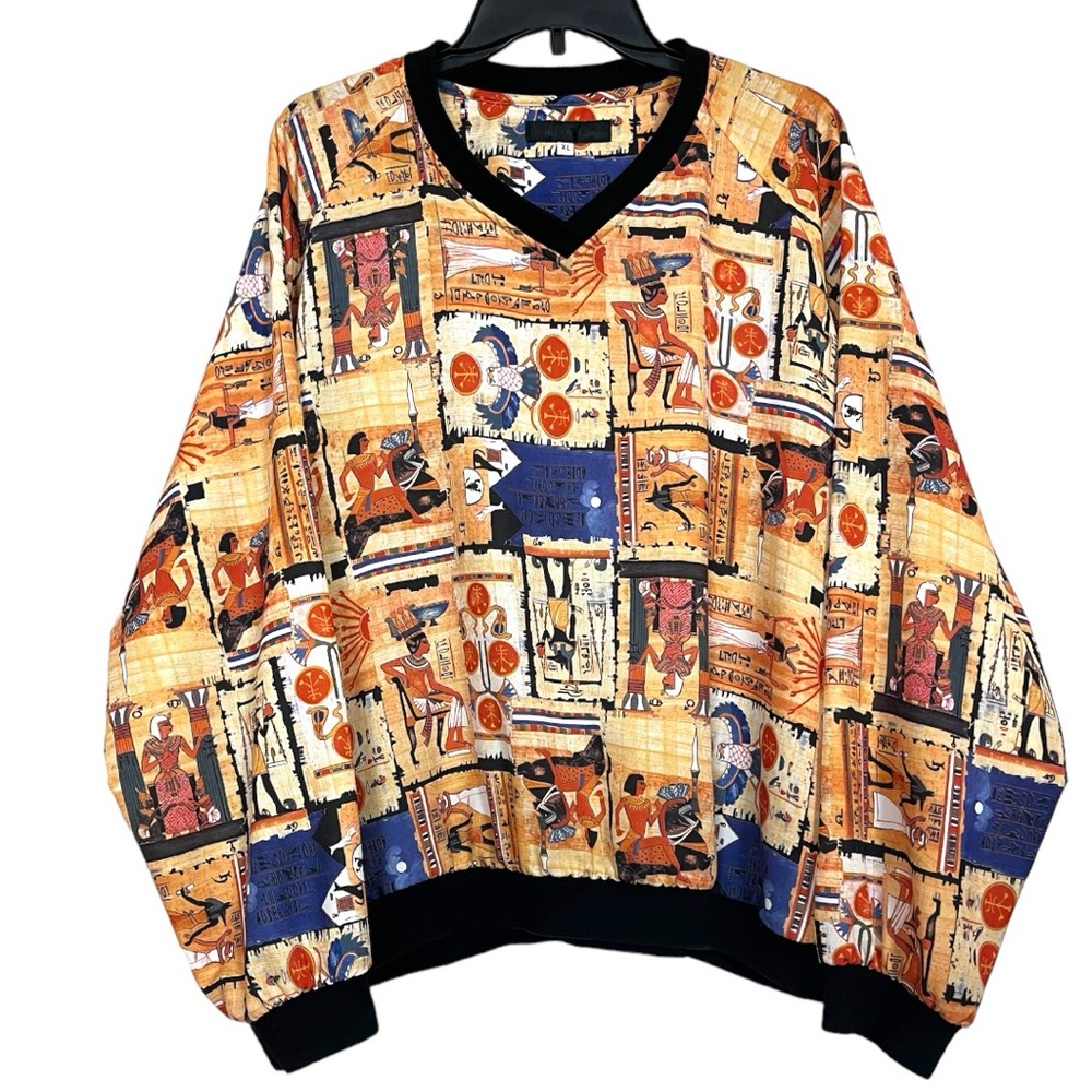 Vintage Dana Lee Sportswear Egyptian Print V Neck Pullover Windbreaker Size XL